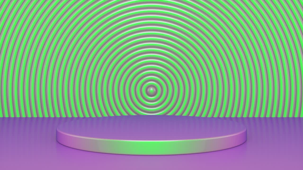 pantalla de podio minimalista colorida para la presentación de productos cosméticos, pedestal o plataforma. círculos metálicos publicidad de fondo. fondo o maquillaje para cosméticos o moda. bucle de animación 3d en 4k