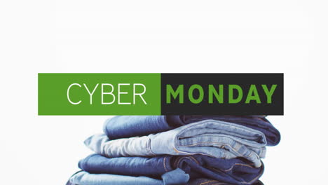 animation of cyber monday text over denim trousers on white background