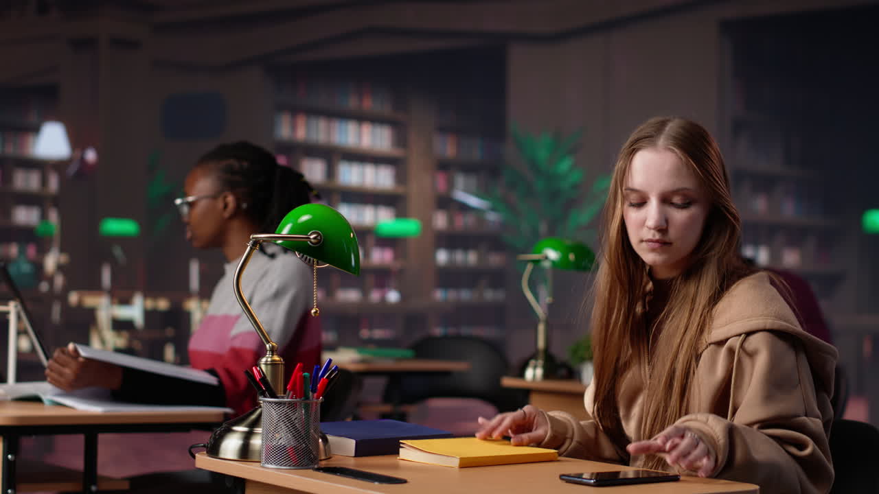 Vertical video noisy girl disturbing students at the library by speaking very loud on call