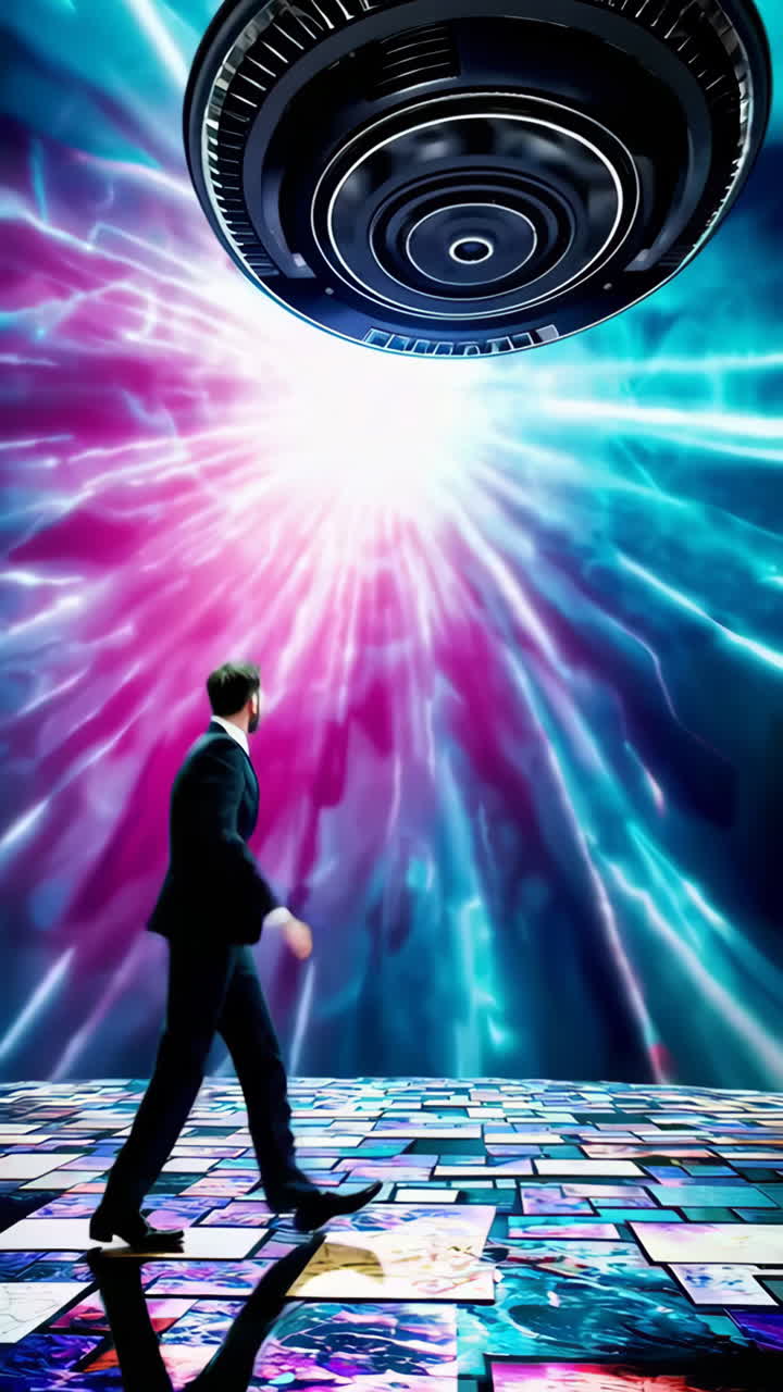 A man in a suit navigates vibrant, futuristic, neon-lit digital landscapes, featuring abstract light effects and advanced technology