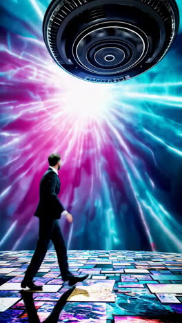 a man in a suit navigates vibrant, futuristic, neon-lit digital landscapes, featuring abstract light effects and advanced technology