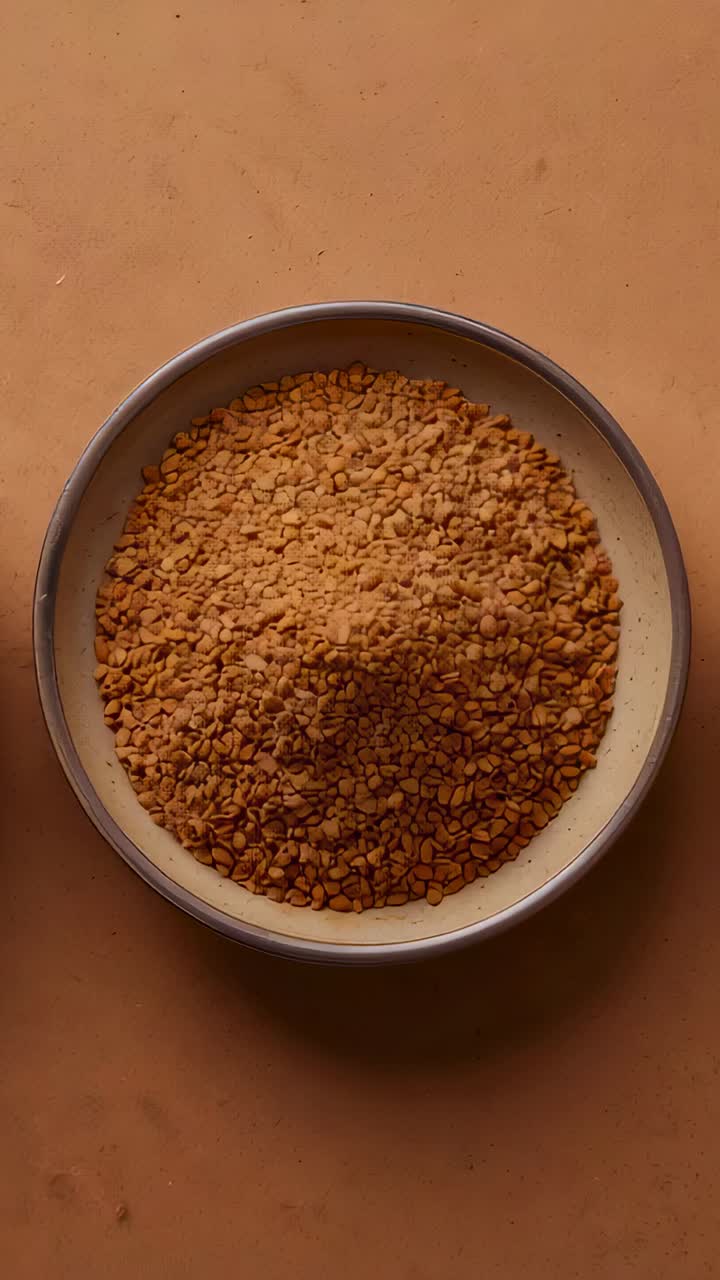 Vertical video: Reframing camera centering bowl of tan seeds on tan table, with central powder