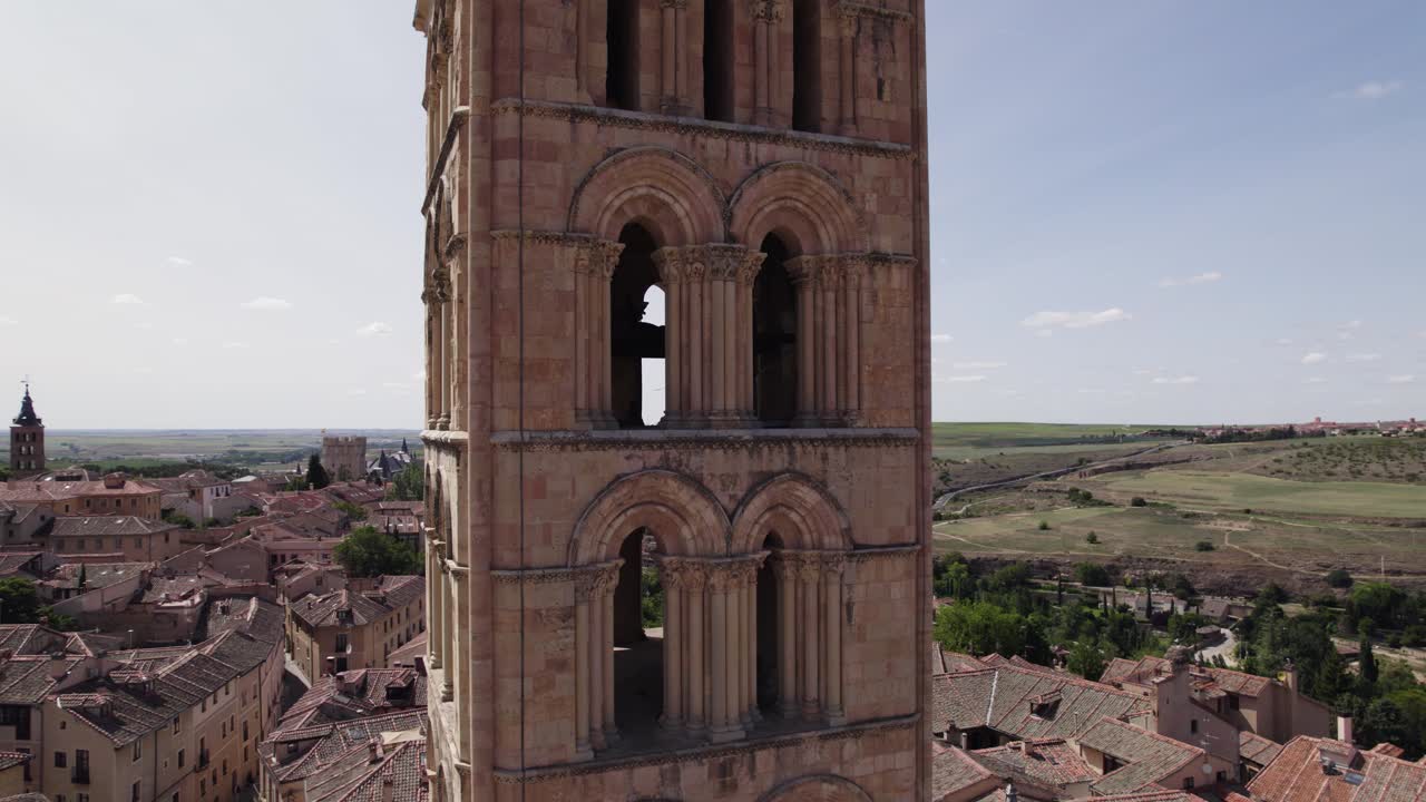 Closeup orbit of Romanesque bell tower, Iglesia San Esteban, Segovia