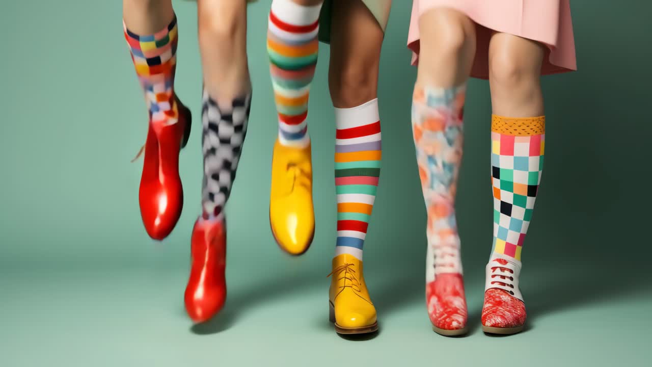 Calze e scarpe colorate in uno stile eccentrico, riprese da un'angolazione frontale.