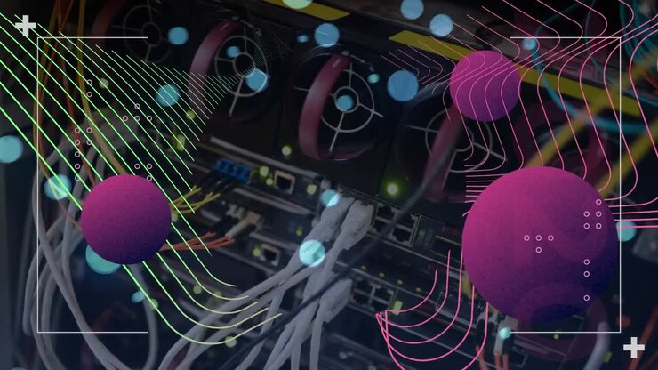 Animation of globes, spots of light and data processing over computer server