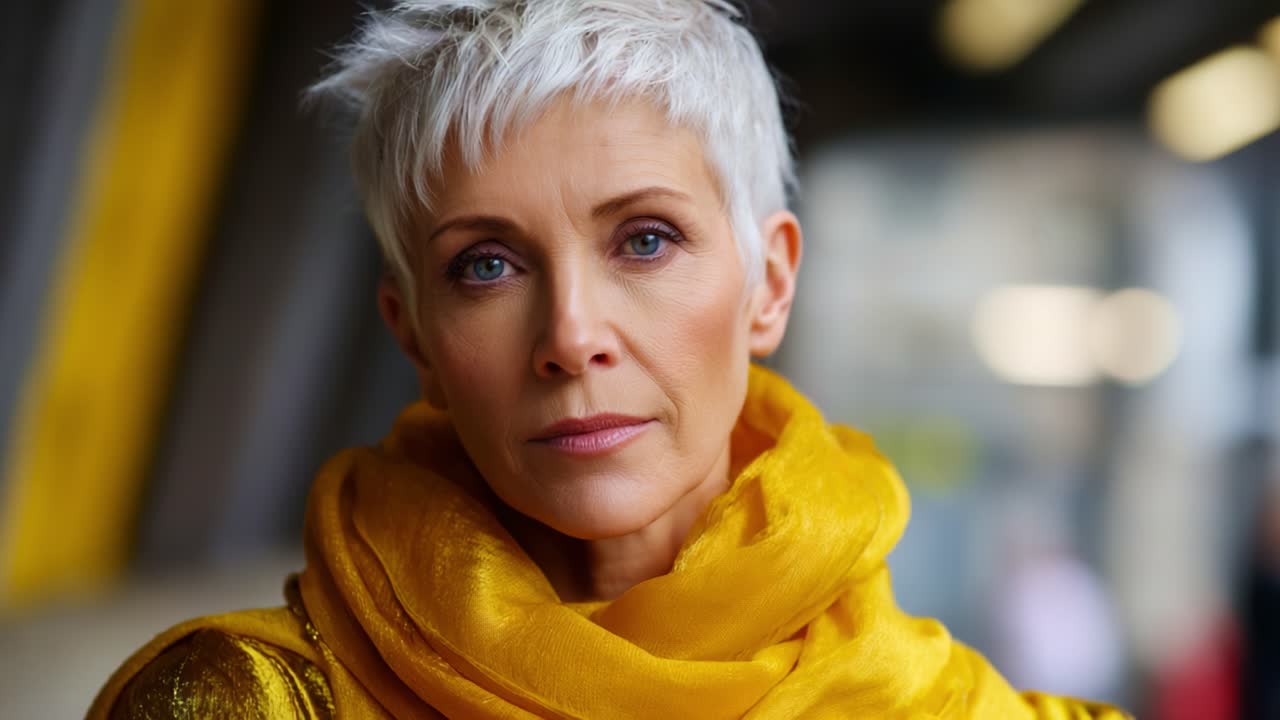 Una donna sicura di sé con i capelli biondi corti e una sciarpa gialla vivace emana eleganza e compostezza, catturando l'attenzione di chi guarda con il suo sguardo espressivo e il suo stile sorprendente.