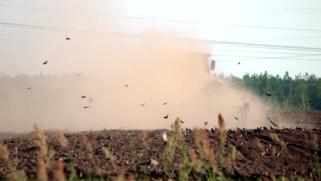 Agribusiness: farmer on an energy-intensive tractor plows arid, dusty soil in hot, dry weather