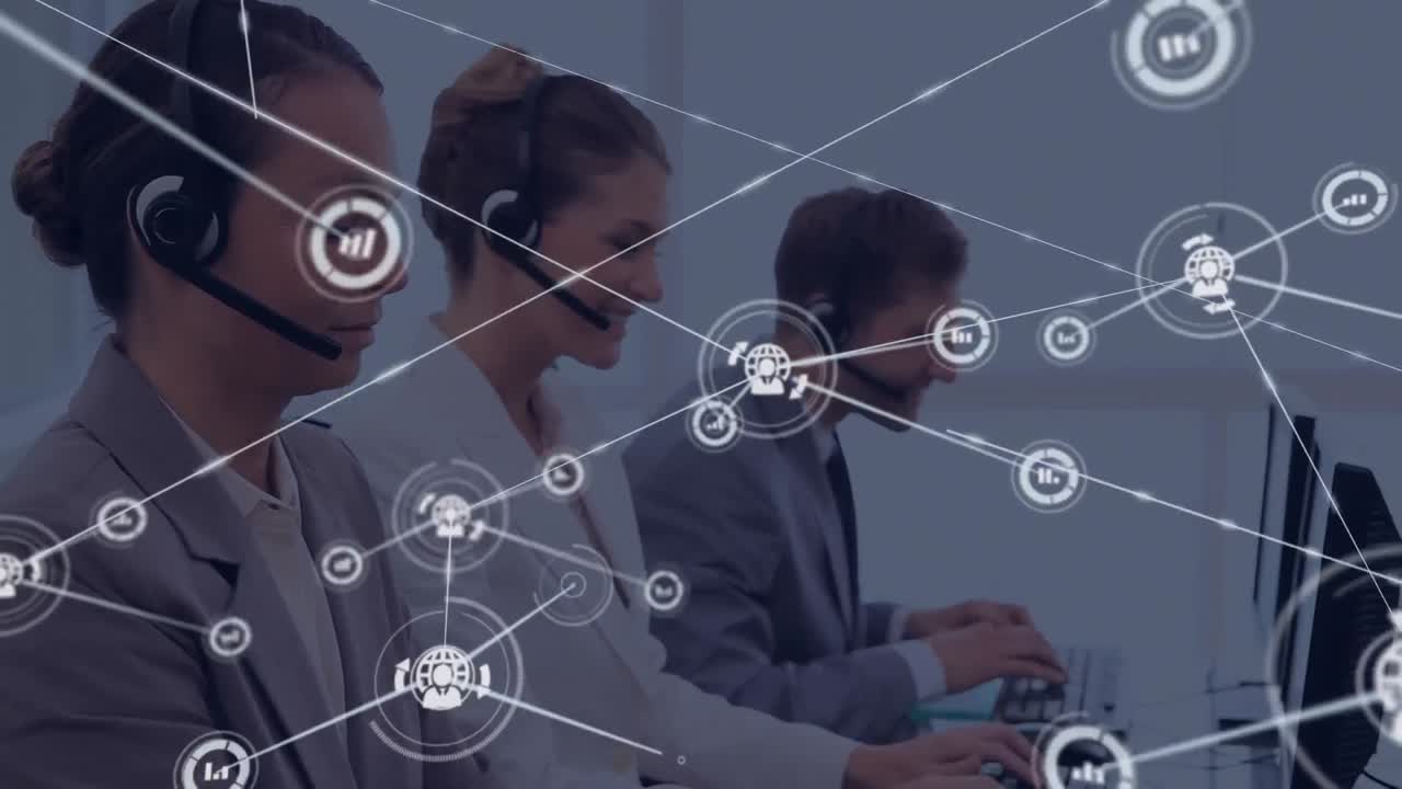 Animation of network of digital icons against team of diverse colleagues working at office