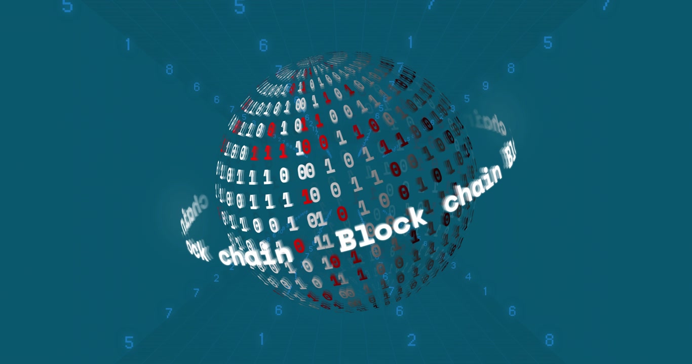 Animation of binary coding over globe with block chain texts