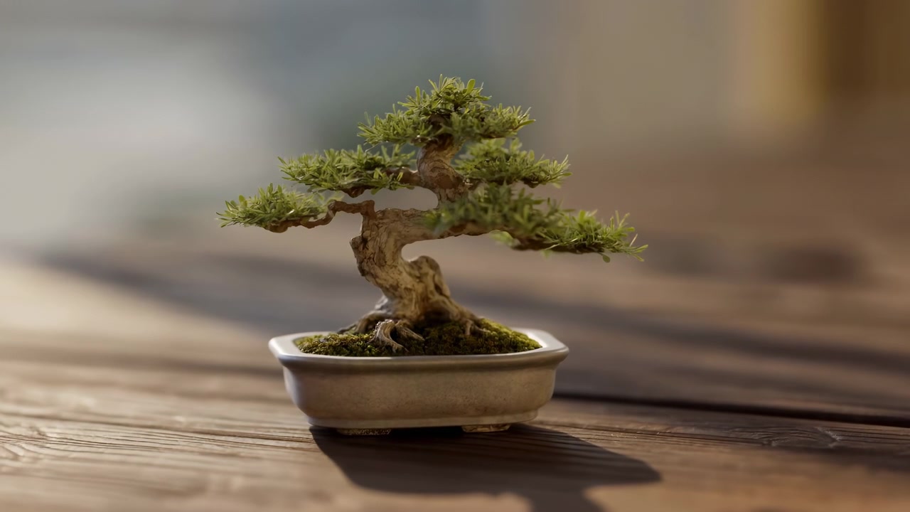 Un sereno albero bonsai è elegantemente esposto su una superficie di legno, con uno sfondo sfocato che crea un'atmosfera pacifica. La vista dall'alto evidenzia la bellezza naturale dell'albero