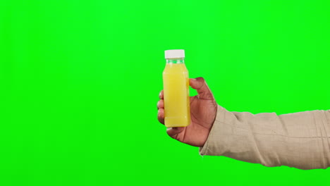 hand, juice and mockup on a green screen