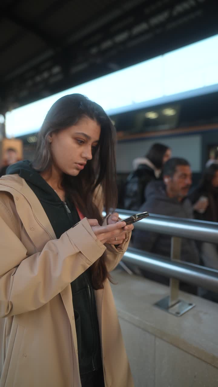 mujer usando el teléfono en la estación de tren