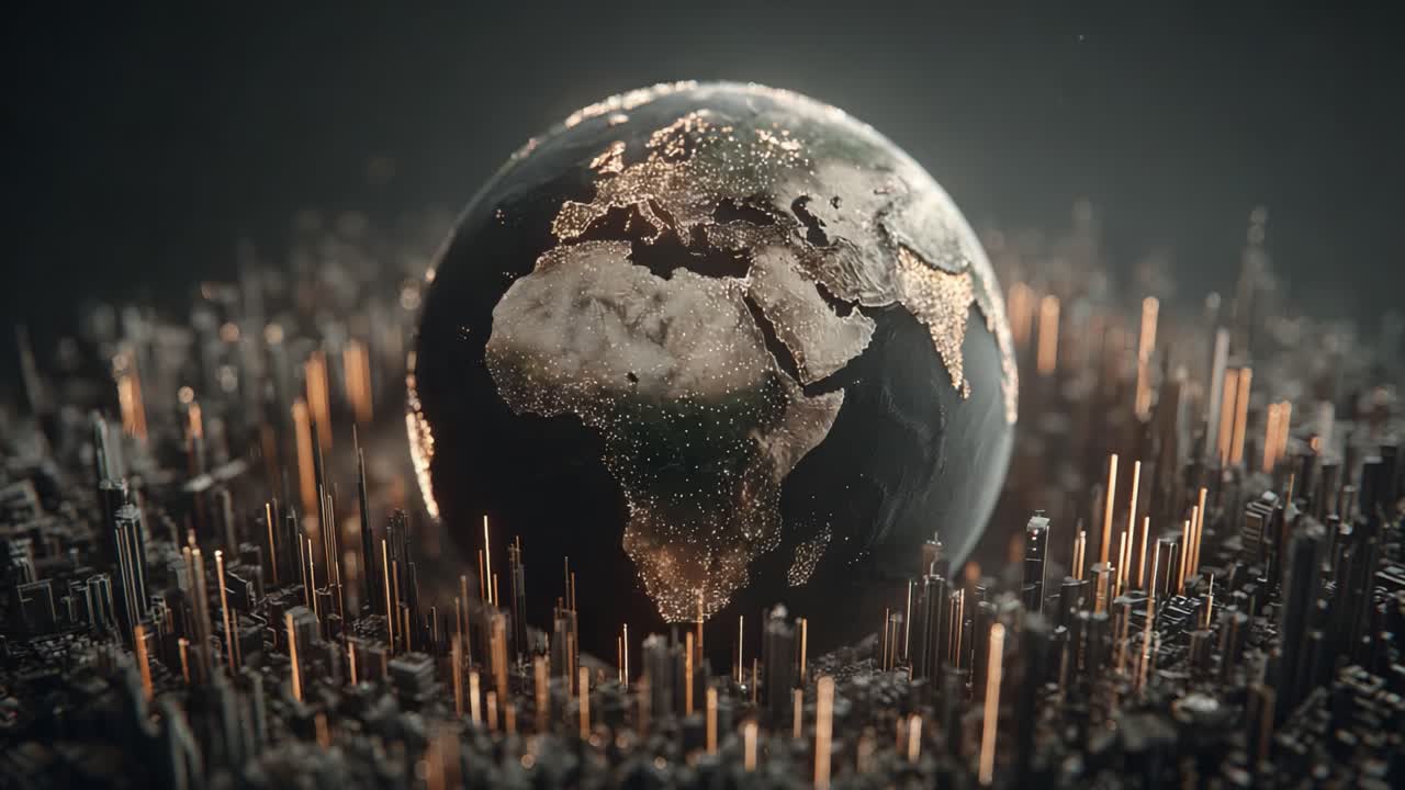 A Stunning 3D Visualization of Earth Highlighting Africa and Urban Landscapes with Illuminated Structures, Showcasing the Beautiful Interaction of Nature and Technology