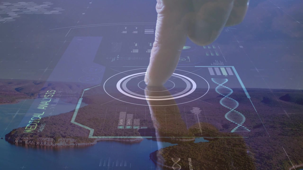 Male finger descending, pressing HUD over coast for medical analysis, pulsing dial, DNA, bars