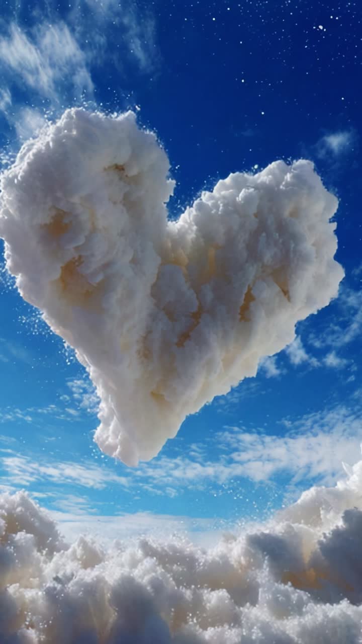En vakker hjerteformet skyformasjon som flyter på en klar, blå himmel, omgitt av hvite, myke skyer og glitrende stjerner, fanget i to fantastiske rammer