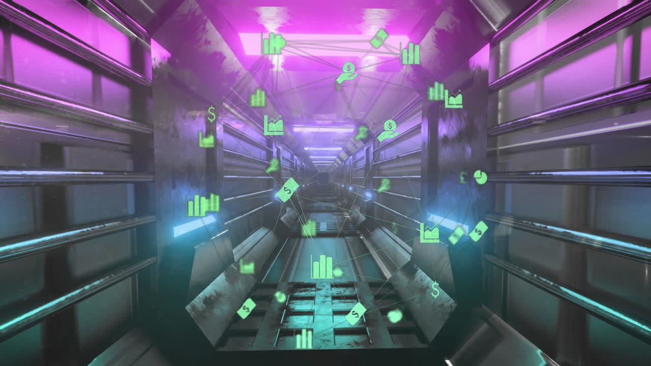 빛나는 터널을 배경으로 디지털 아이콘의 세계