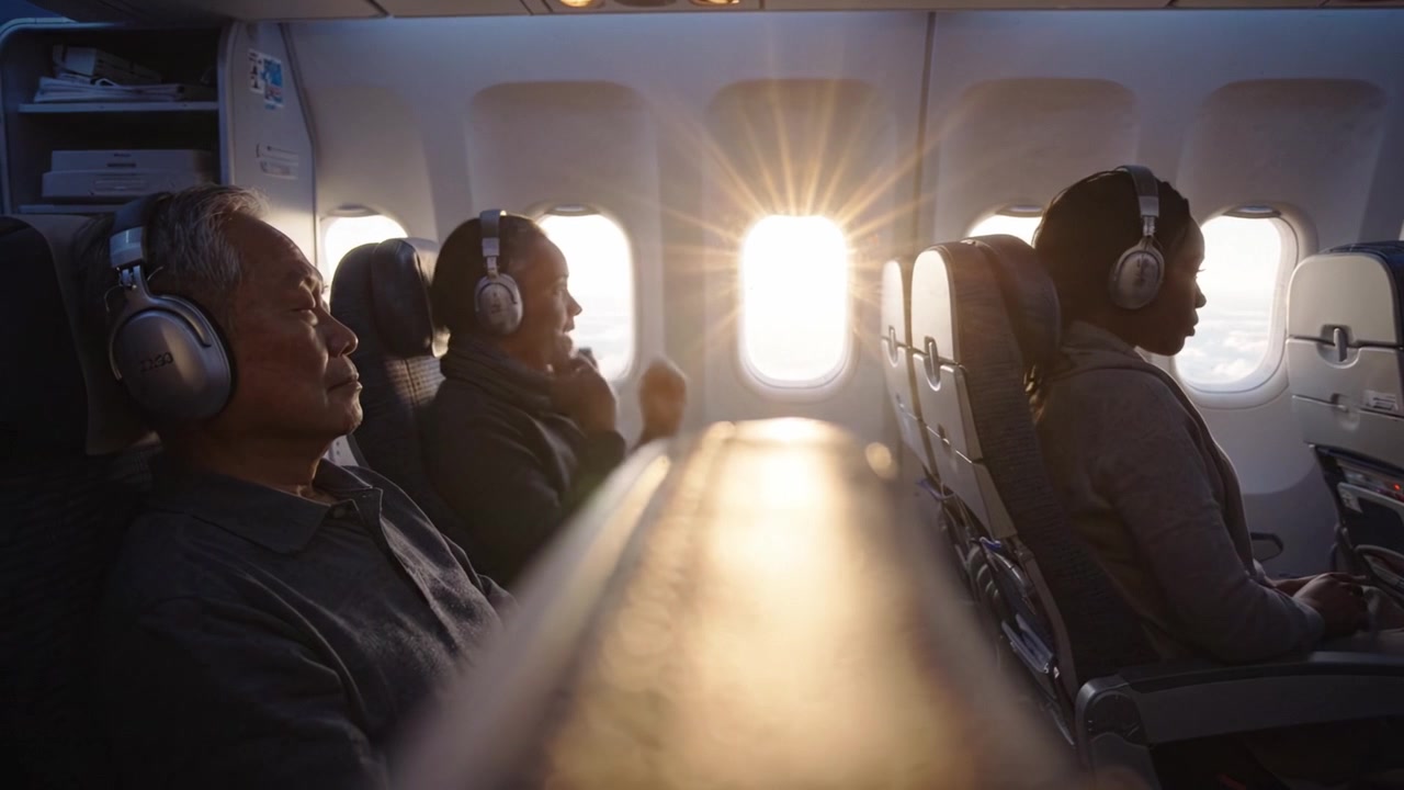 Passagiere genießen ein ruhiges Flugerlebnis mit Kopfhörern, während Sonnenlicht durch die Flugzeugfenster scheint und eine friedliche Atmosphäre schafft.
