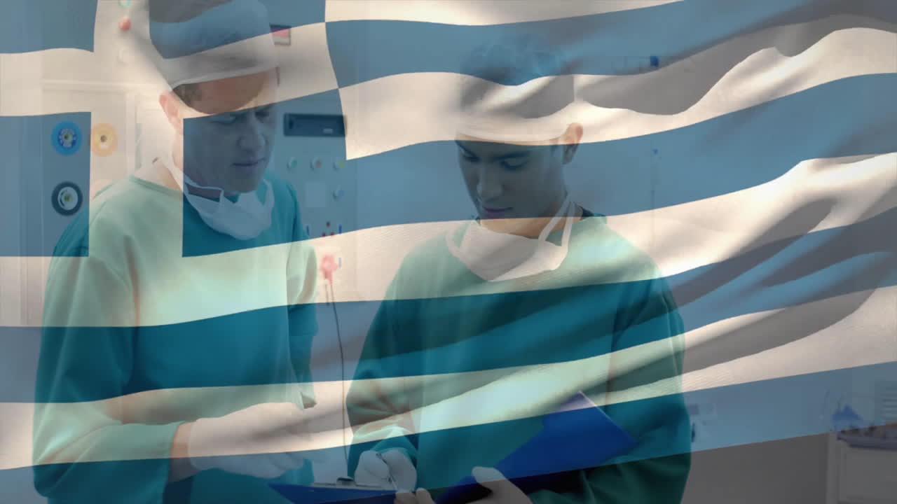 Discussing over Greek flag overlay, doctors in surgical attire in hospital