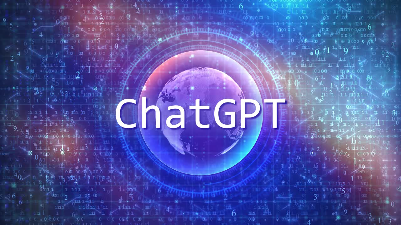 Testo ChatGPT visualizzato su globo digitale con sfondo di codice binario