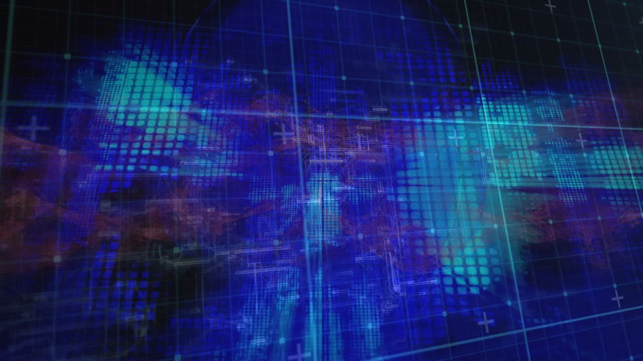 Animation of data processing and human head over grid