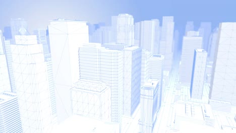 looping blue and white wireframe city – flying through