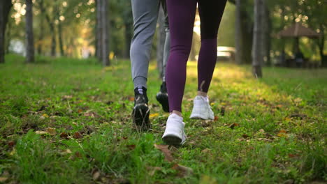 couple jogging in the park on a sunny autumn day