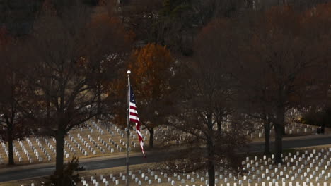 american flag on pole at the center of large cemetery in fayetteville, memorial