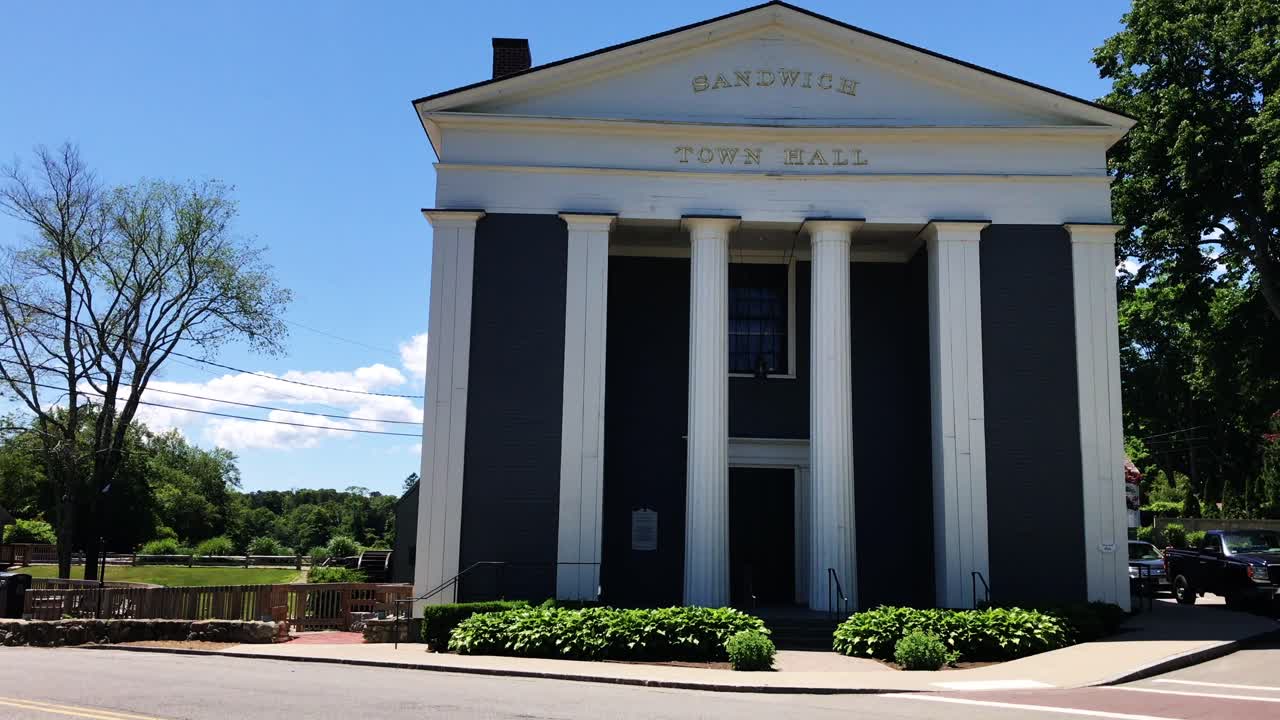 A close look at Sandwich Massachusetts Town Hall in New England from the outside on a bright summer day