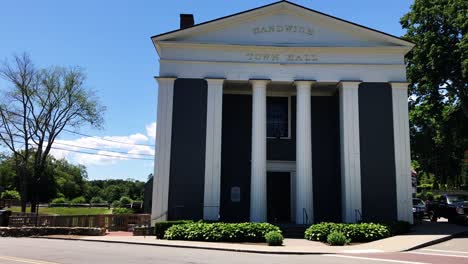 a close look at sandwich massachusetts town hall in new england from the outside on a bright summer day