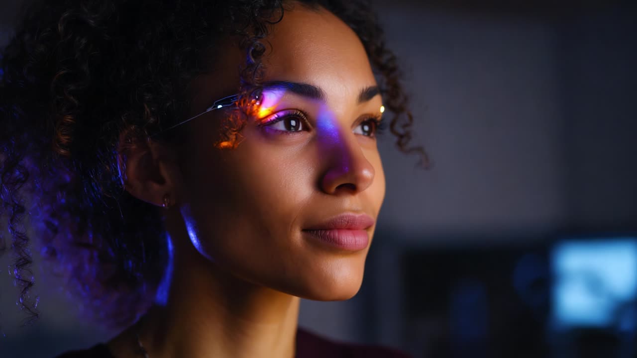 Esplorando il futuro della tecnologia: uno sguardo ravvicinato a una giovane donna con innovativi occhiali per la realtà aumentata, evidenziati da vivaci effetti di luce che mettono in mostra l'innovazione moderna e lo stile personale.