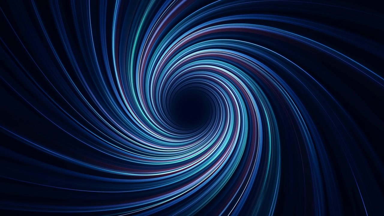 Lysende buede linjer feier kontinuerlig mot et mørkt sirkulært senter, skaper lagdelt spiralbevegelse mens cyan, blå, hvit og dempet magenta-høydepunkter gløder mot marineblått