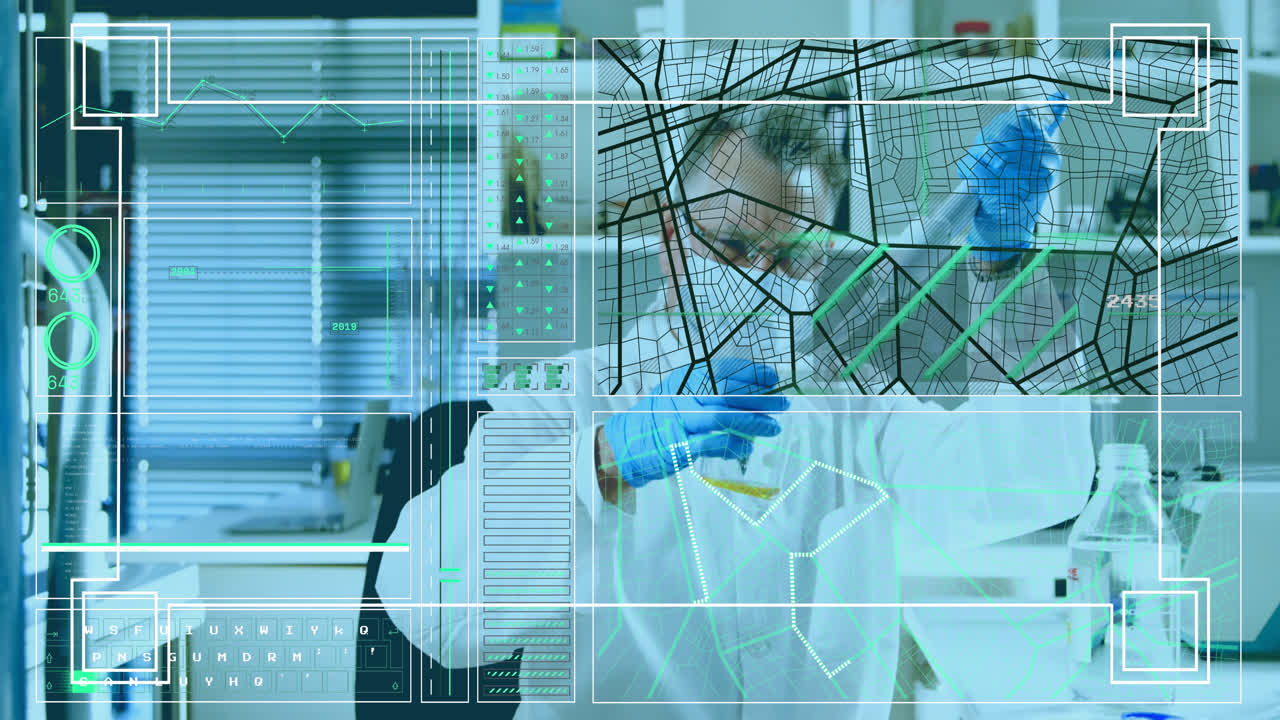 animación del procesamiento de datos sobre un científico caucásico en el laboratorio