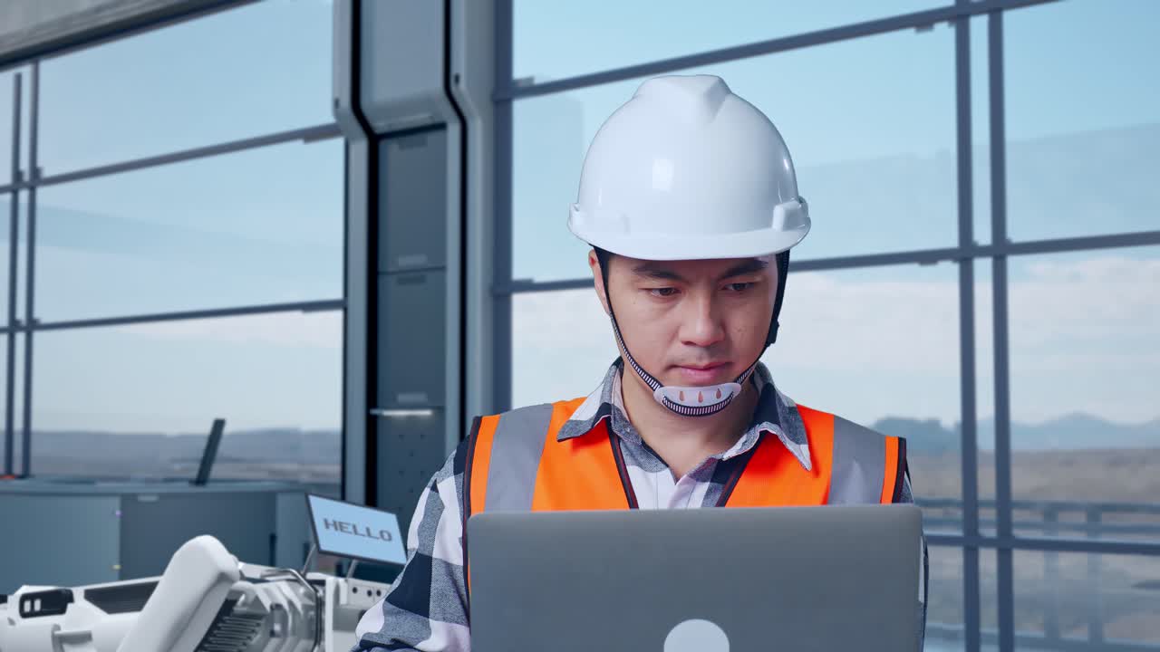 инженер, работающий на ноутбуке в современном промышленном предприятии