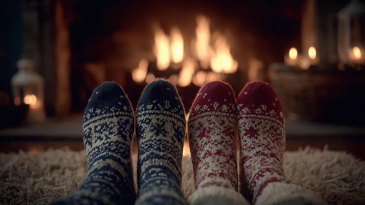 Cozy Winter Evening by the Fire: A Heartwarming Scene of Colorful Knitted Socks Resting Together on a Plush Rug Next to a Glowing Fireplace