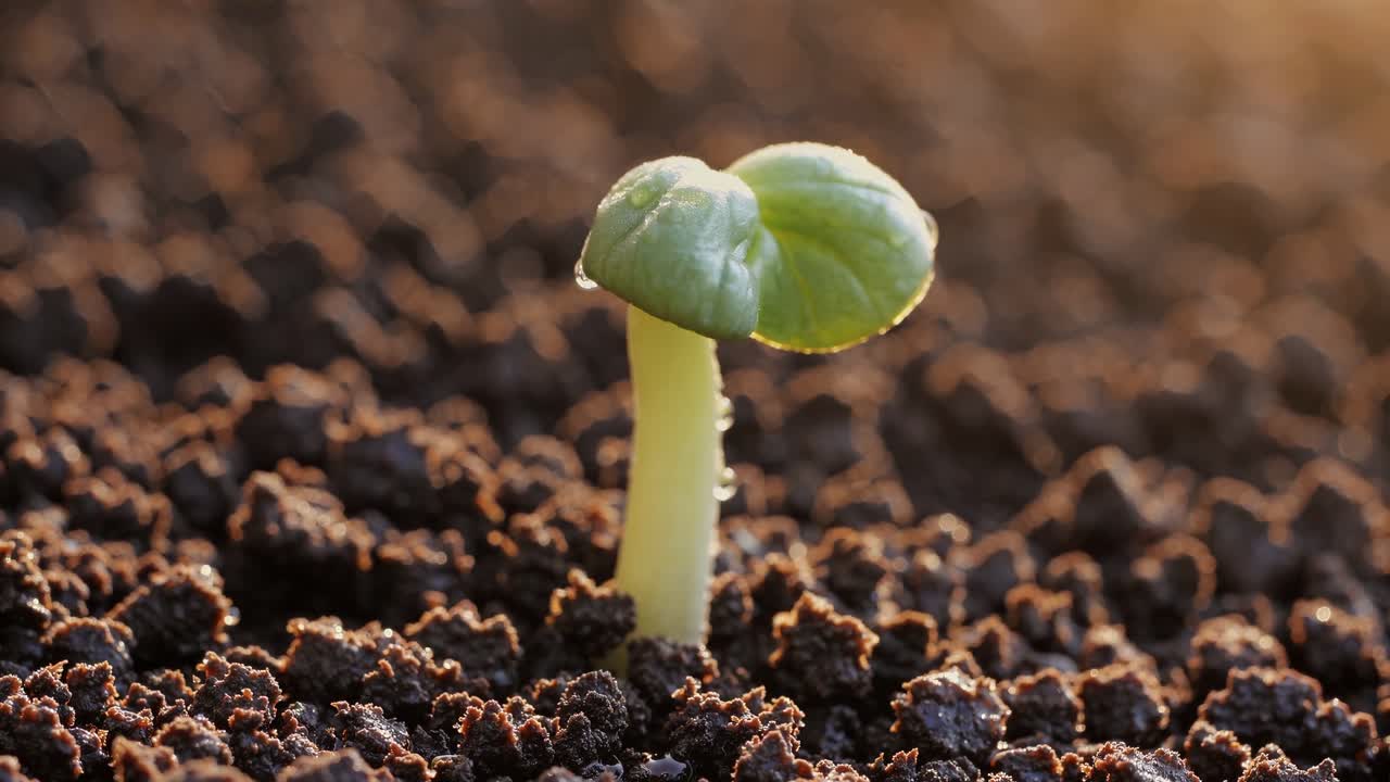 Close-up of a sprouting seedling in rich soil, captured at ground level