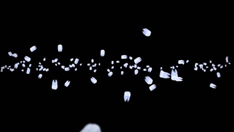 volando muchos dientes blancos sobre fondo negro. concepto de cuidado dental. animación 3d de la rotación de los dientes. animación de bucle.