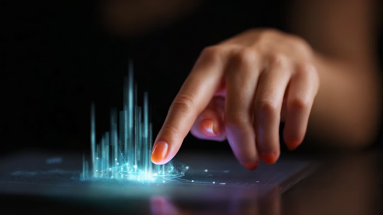 A Hand Interacting with a Futuristic 3D Projection Display of Data Visualization, Featuring Vibrant Light Effects and Dynamic Structures, Showcasing Technological Advancements in User Interface Designs