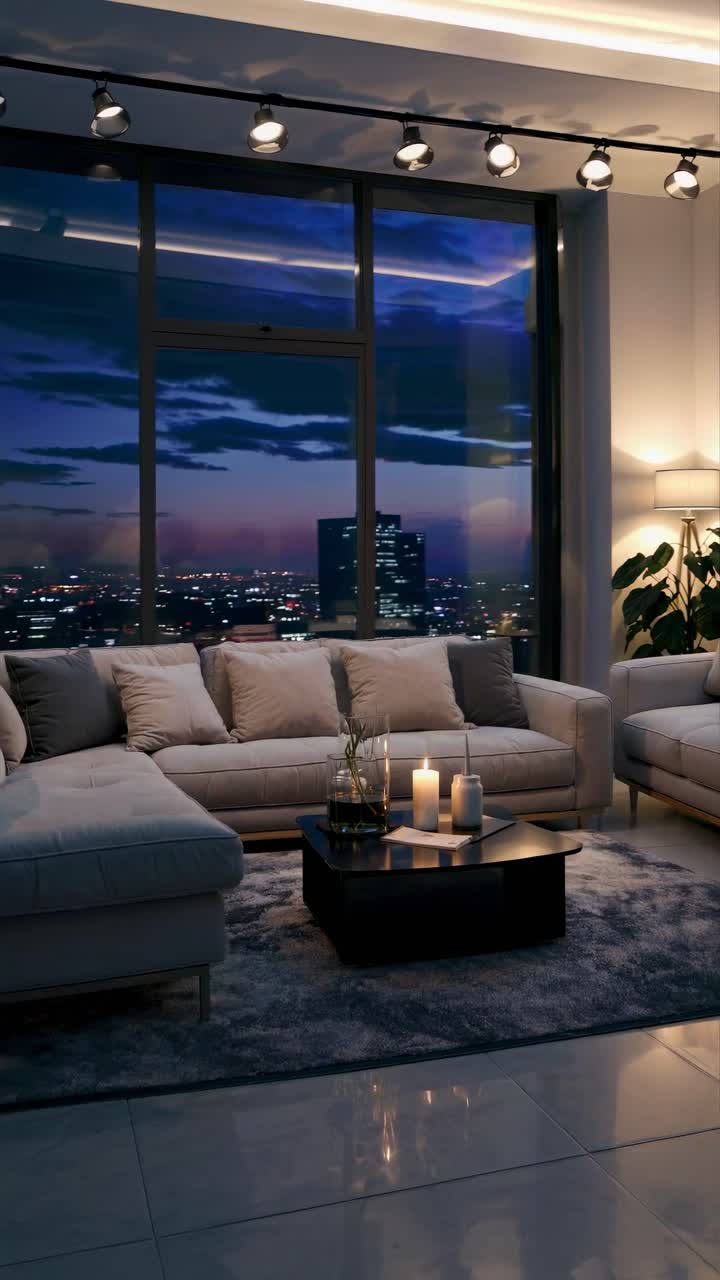 Un salón moderno y acogedor con sofás lujosos, iluminación ambiental y vistas a la ciudad