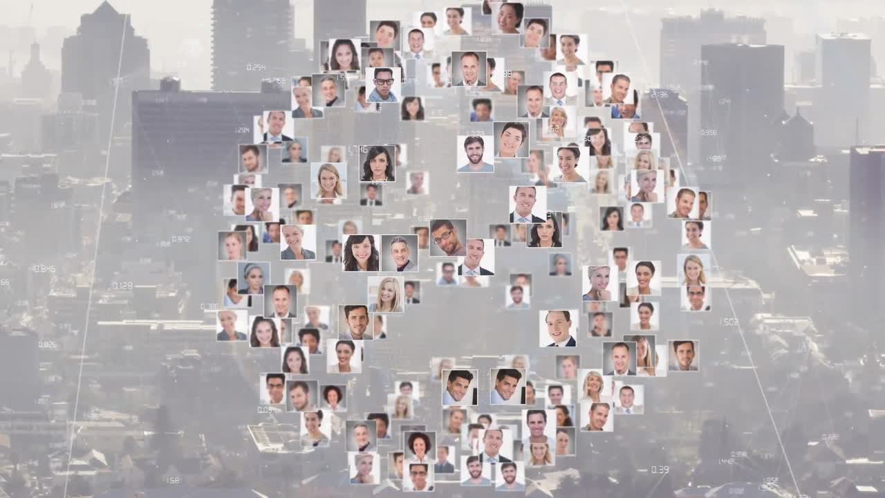 도시 풍경 위의 사용자 아이콘으로 만들어진 지구의 애니메이션