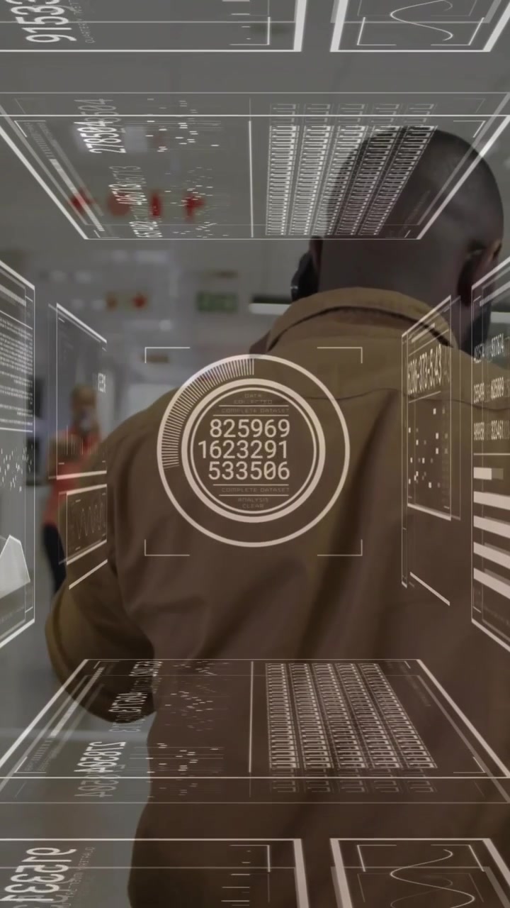 Walking in school hallway, person interacting with digital animation graphics overlay