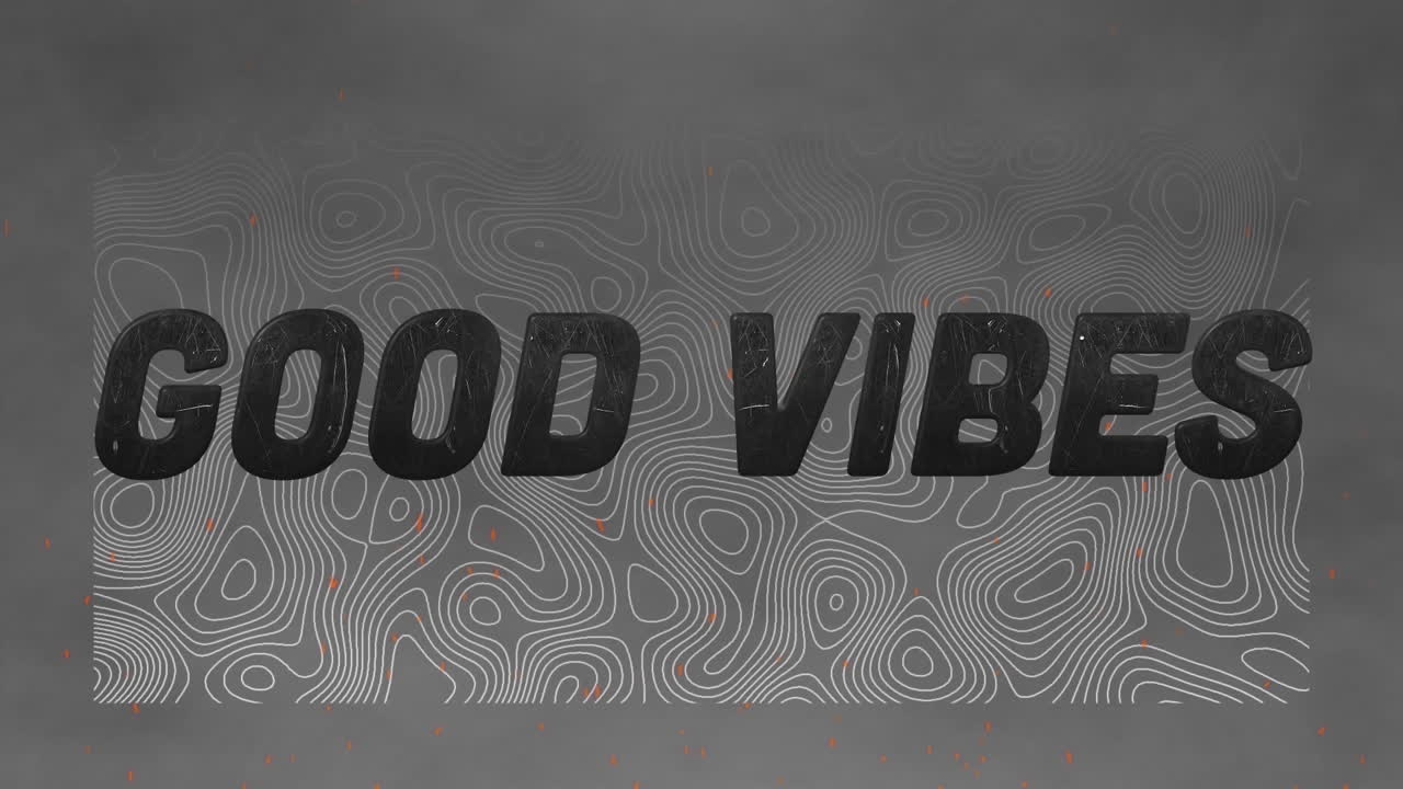 Animation of text, good vibes, in black, with moving contour lines on grey background