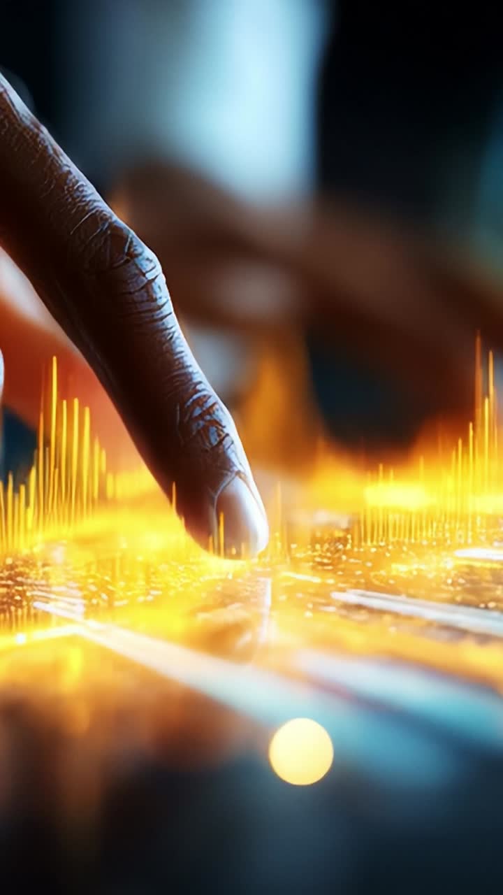 A close-up of a finger interacting with a glowing digital interface showcasing vibrant graphical representations of data and streaming visualizations in motion