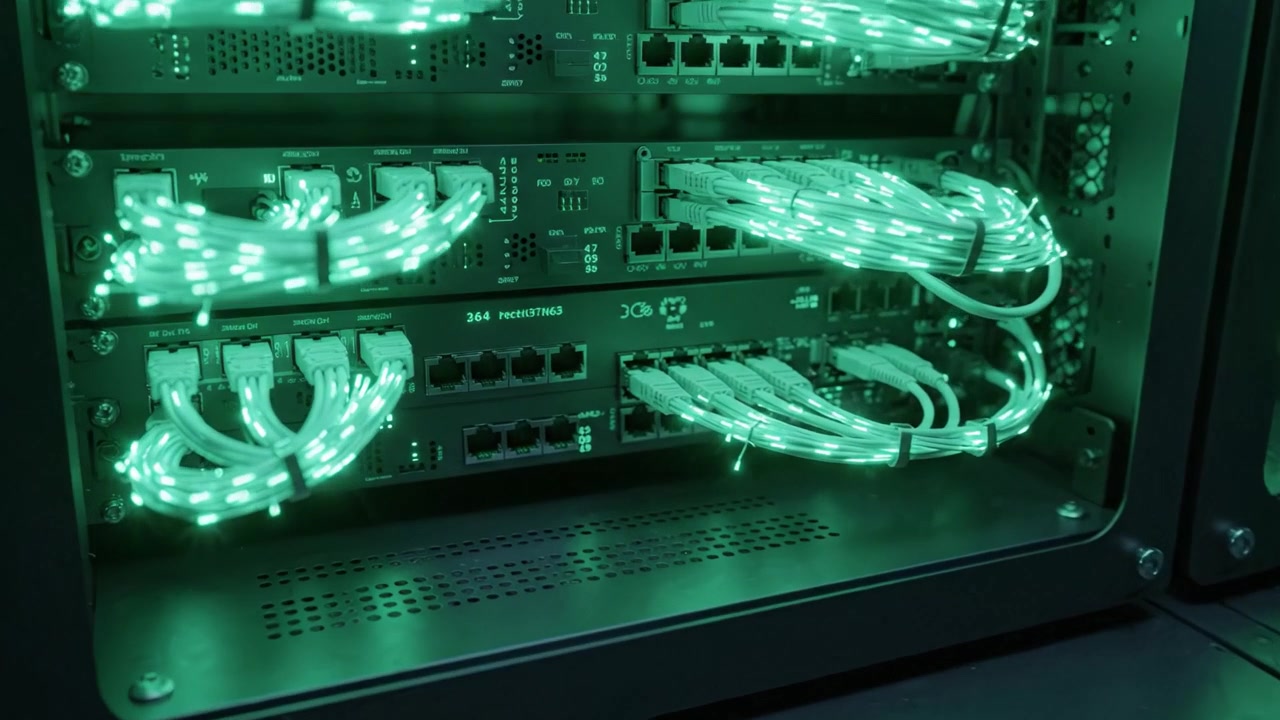 Illuminated Server Rack with Neon Green Cables and LED Lighting Showcasing Advanced Network Infrastructure Technology in a Data Center Environment.
