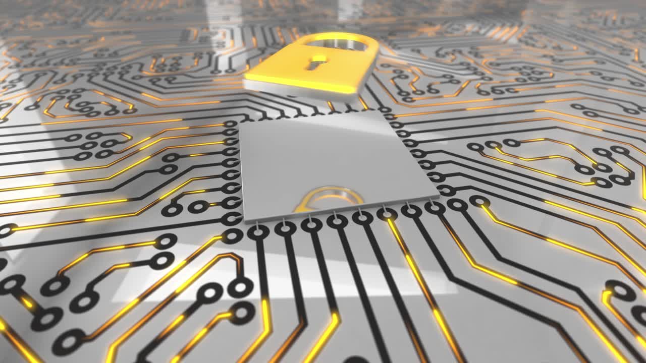 밝은 오렌지 회전 컴퓨터 회로 보드 개념 잠금 루프