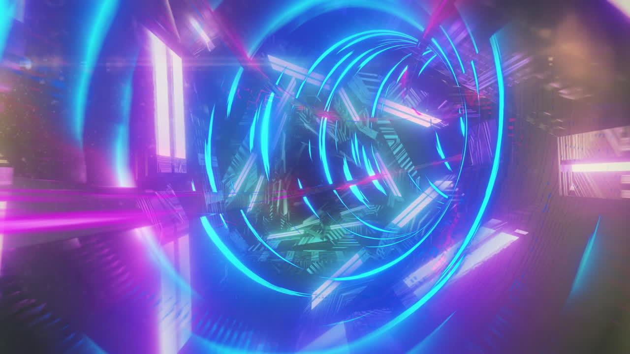 Futuristic tunnel with animation of neon blue and pink lights, abstract patterns
