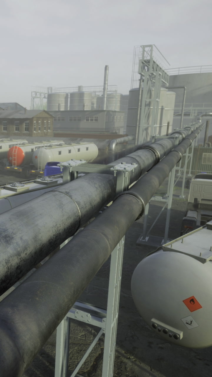 Industrial landscape featuring pipelines and storage tanks in a busy facility