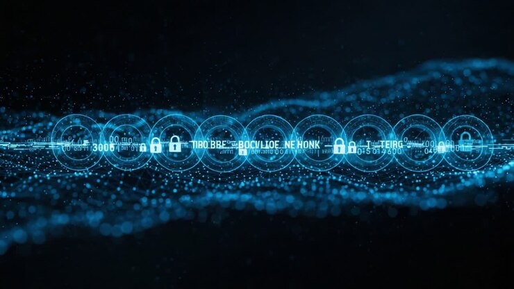Dynamic Visualization of Digital Security: An Abstract Representation Highlighting Encryption and Data Protection through Illuminated Lock Icons in a Technological Landscape
