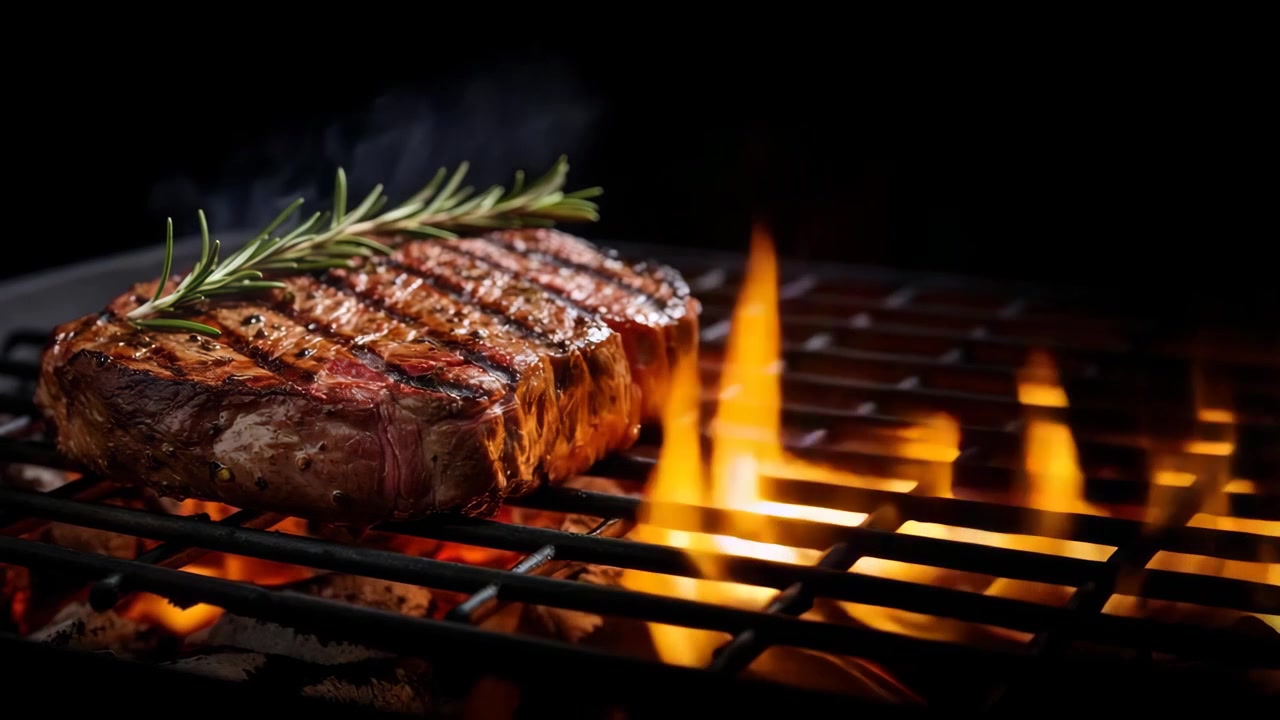 Succulenta bistecca di manzo che griglia su fiamme vive