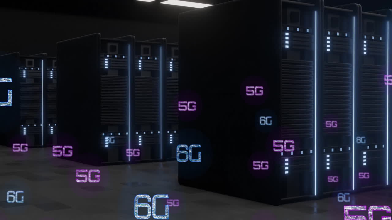 Server room with 5G and 6G network technology animation over servers