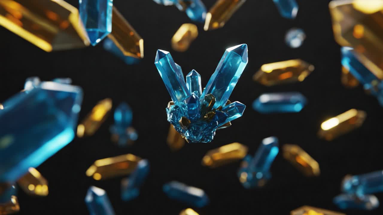 A Stunning Display of Shimmering Crystals: Ethereal Blue and Golden Gems Floating Gracefully Against a Dark Backdrop, Capturing the Essence of Natural Beauty and Mystique